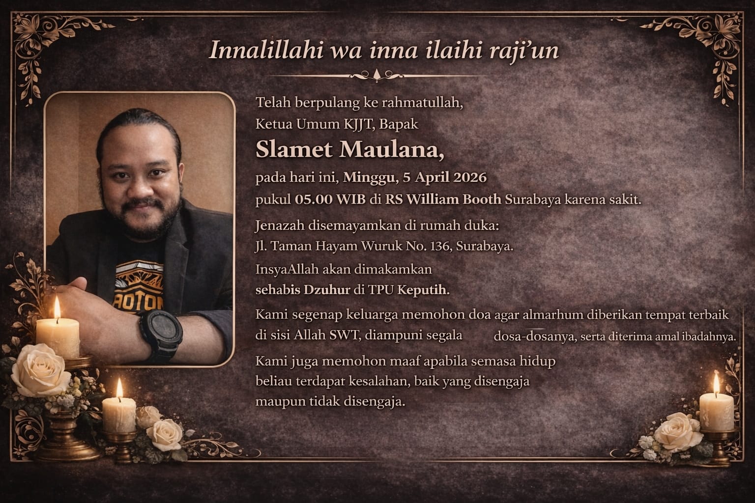 Ketua Umum Komunitas Jurnalis Jawa Timur meninggal dunia di RS William Both Surabaya Minggu 05 April 2026 pukul 05.00 WIB (Foto: Newstujuh.id)